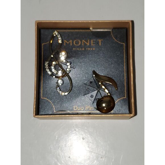 A Monet Costume Jewelry Boxed Set Musical Symbol Pin Brooch Rhinestone Gift - Picture 3 of 11